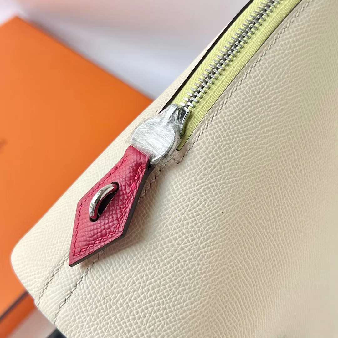Hermès（爱马仕）Bolide 保龄球包 Epsom I2 奶油白 拼 9R 柠檬黄 拼 枫叶红 银扣 25cm 全手工蜡线缝 Phw