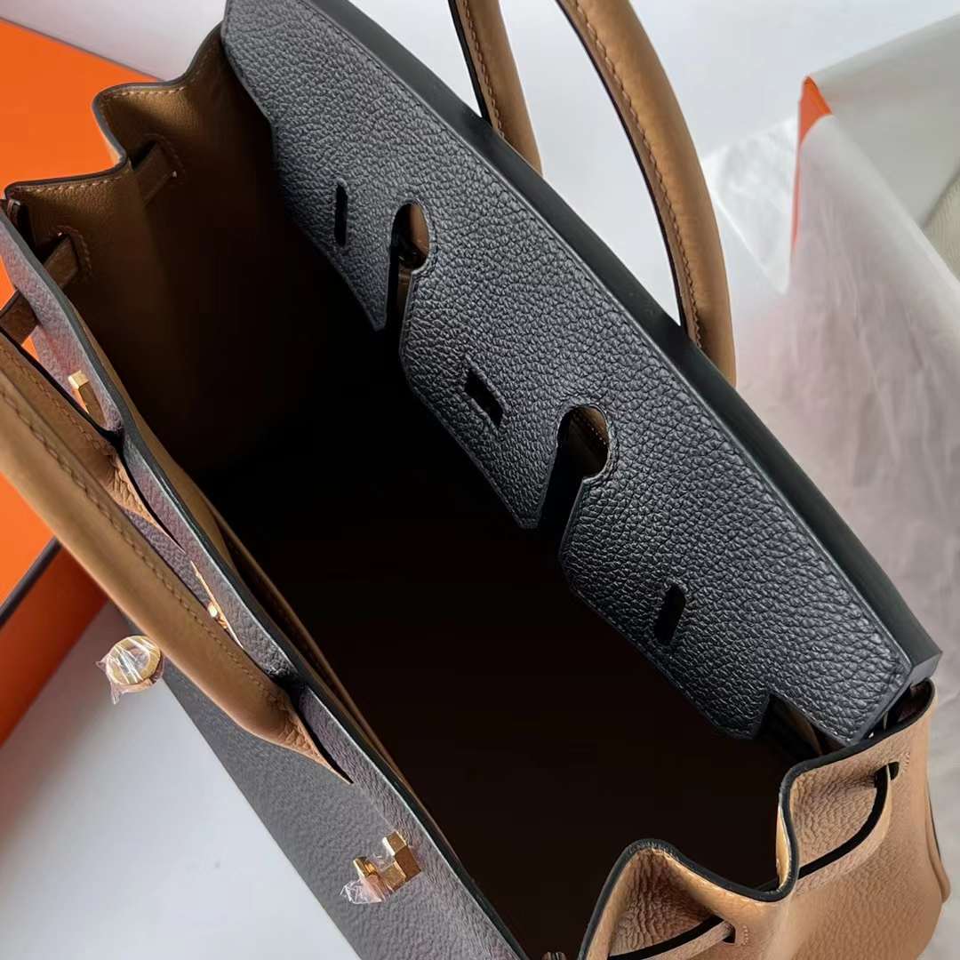 Hermès（爱马仕）Birkin 铂金包 Togo皮 顶级小牛皮 Ck89 黑色 拼 4B 饼干色 金扣 25cm 全手工蜡线缝 Ghw