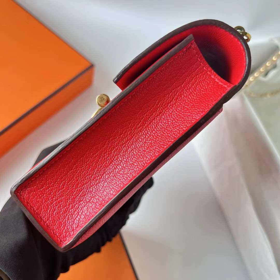 Hermès（爱马仕）Verrou 机枪包 Chevre 进口山羊皮 S3 心红色 金扣 17.5cm 全手工蜡线缝制 Ghw