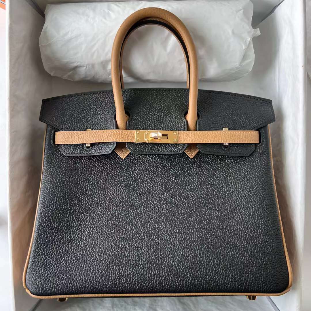 Hermès（爱马仕）Birkin 铂金包 Togo皮 顶级小牛皮 Ck89 黑色 拼 4B 饼干色 金扣 25cm 全手工蜡线缝 Ghw