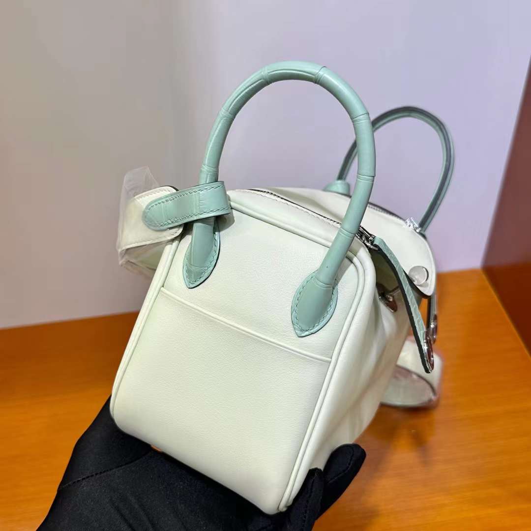 Hermès（爱马仕）Mini Lindy 迷你琳迪包 Touch Swift 拼 雾面美洲鳄鱼皮 0S气泡绿 新薄荷绿 银扣 19cm 全手工蜡线缝 Phw