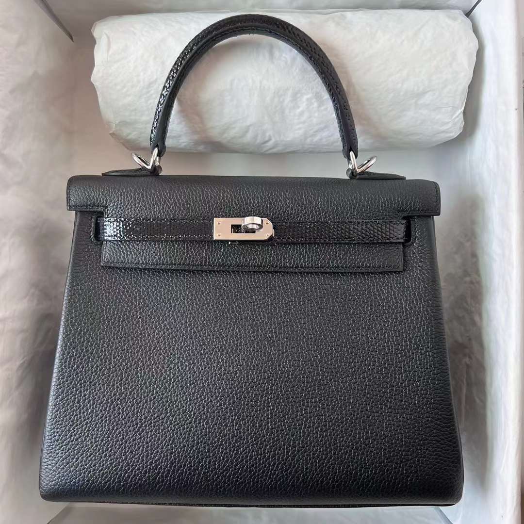 Hermès（爱马仕）Kelly 凯莉包 Touch Togo皮 拼 亮面蜥蜴皮 Ck89 黑色 银扣 25cm 全手工蜡线缝 Phw