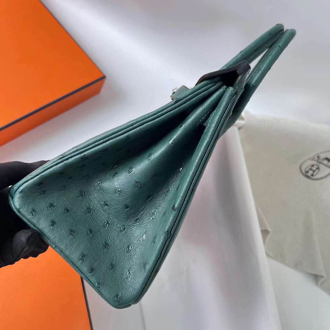Hermès（爱马仕）Birkin 铂金包 Ostrich 进口鸵鸟皮 z6 孔雀绿 银扣 25cm 全手工蜡线缝 Phw