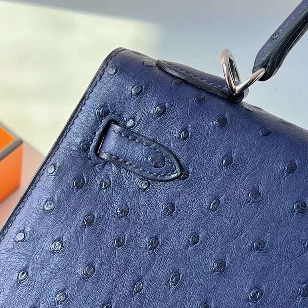 Hermès（爱马仕）Kelly 凯莉包 Ostrich 原kk进口鸵鸟皮 77 鸢尾蓝 银扣 25cm 全手工蜡线缝 Phw