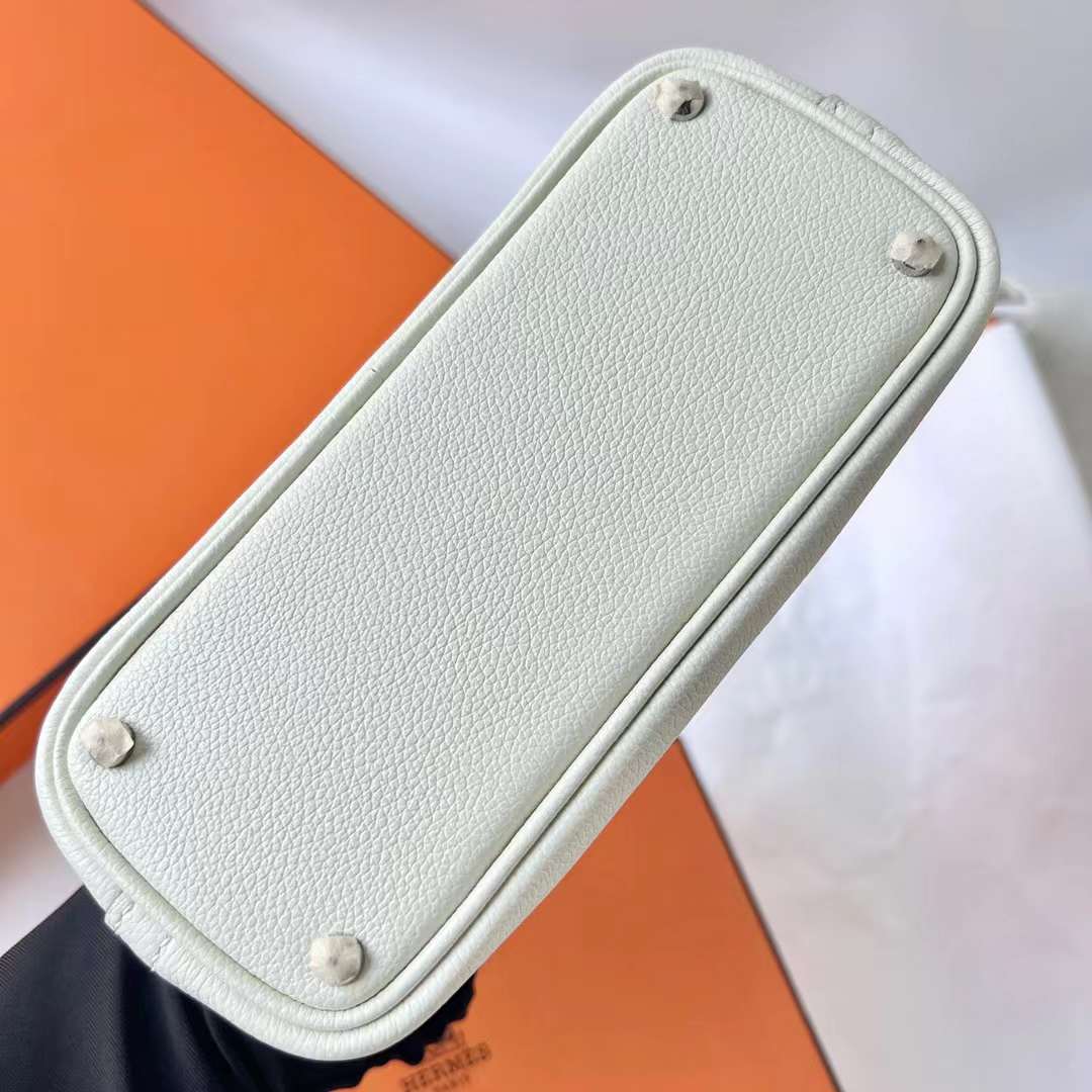 Hermès（爱马仕）Mini Bolide 保龄球包 Evercolor 三拼色 0T 蘑菇白 拼 09 梦幻粉紫 拼 Ck37 金棕色 银扣 20cm 全手工蜡线缝 Phw