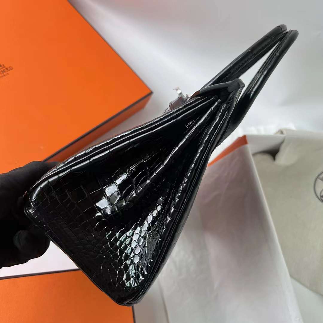 Hermès（爱马仕）Birkin 铂金包 亮面美洲鳄鱼皮 Shiny Alligator Crocodile Ck89 黑色 银扣 25cm 全手工蜡线缝 Phw