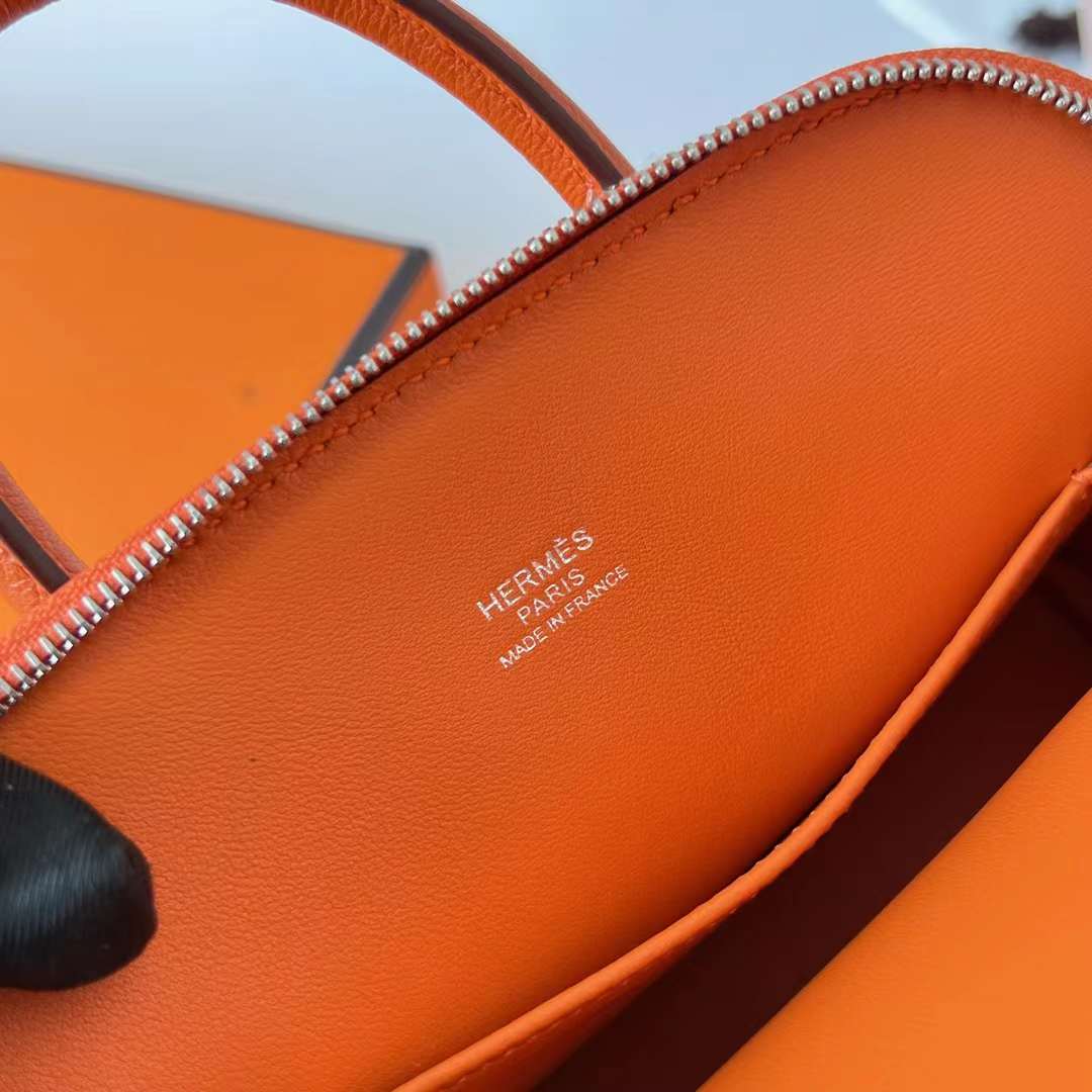 Hermès（爱马仕）Mini Bolide 保龄球包 Chevre 进口山羊皮 Ck93 橙色 银扣 20cm 全手工蜡线缝 Phw
