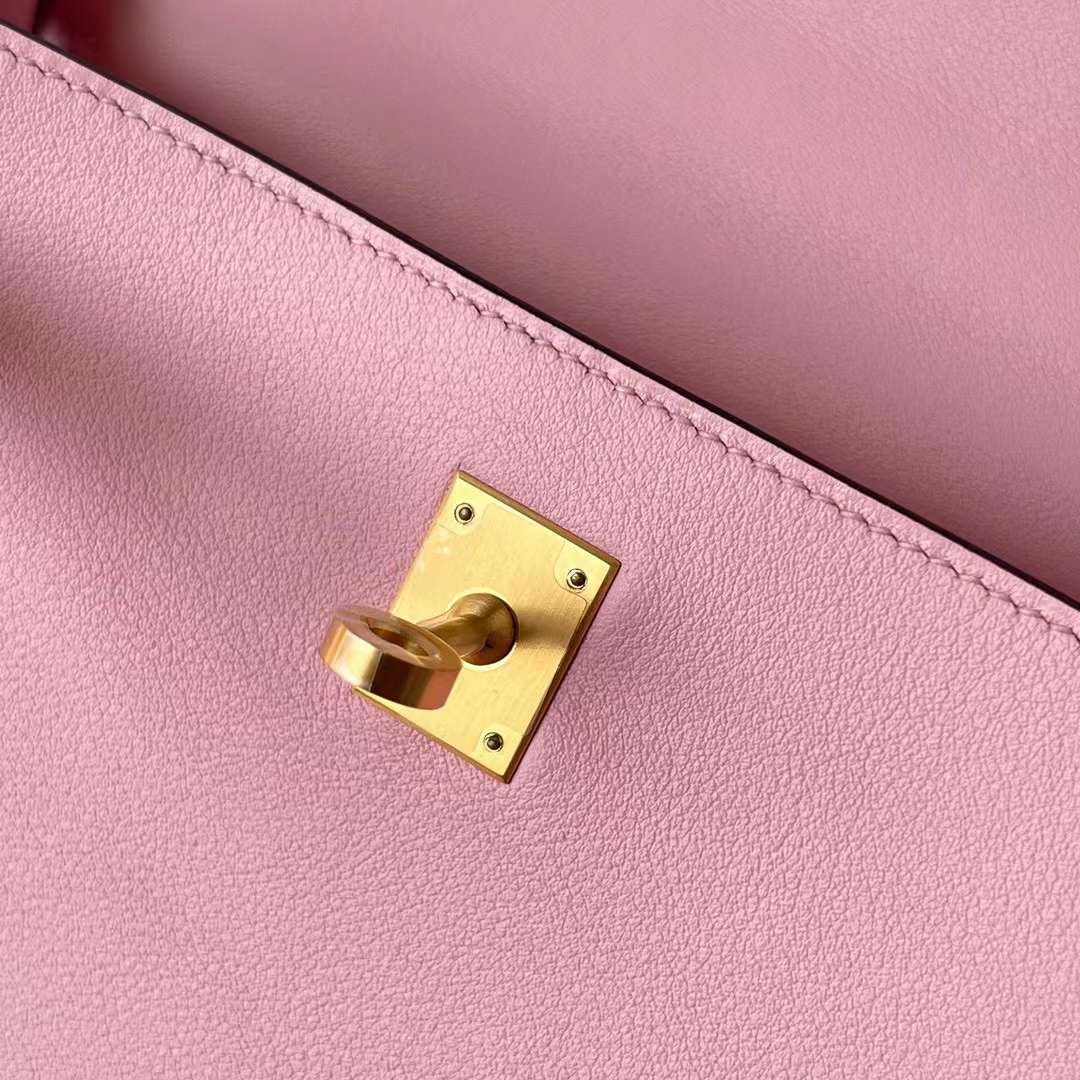 Hermès（爱马仕） Kelly 凯莉包 Swift 3Q 新粉色 & 0T 雾蓝色 磨砂金扣 25cm 全手工蜡线缝 Bghw