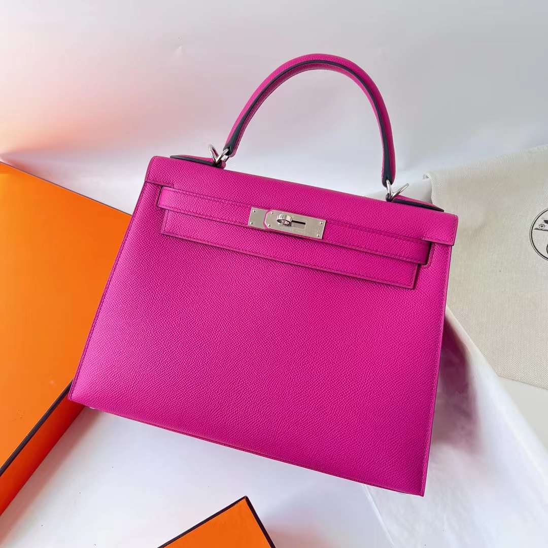 Hermès（爱马仕）Kelly 凯莉包 Epsom L3 玫瑰紫 银扣 28cm 全手工蜡线缝 Phw