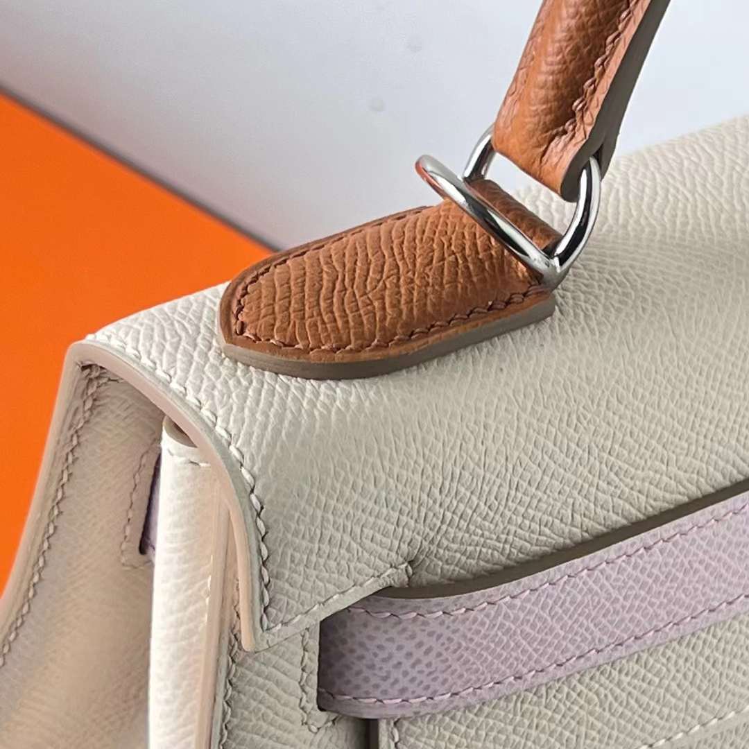 Hermès（爱马仕）Kelly 凯莉包 Epsom Ck10 奶昔白 拼 09 梦幻粉紫 拼 Ck37 金棕色 银扣 28cm 全手工蜡线缝 Phw
