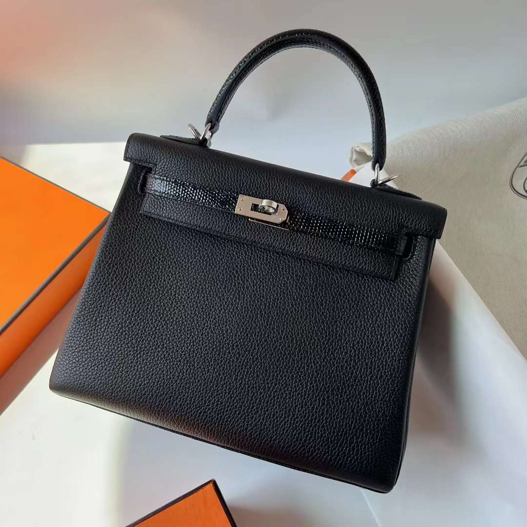 Hermès（爱马仕）Kelly 凯莉包 Touch Togo皮 拼 亮面蜥蜴皮 Ck89 黑色 银扣 25cm 全手工蜡线缝 Phw