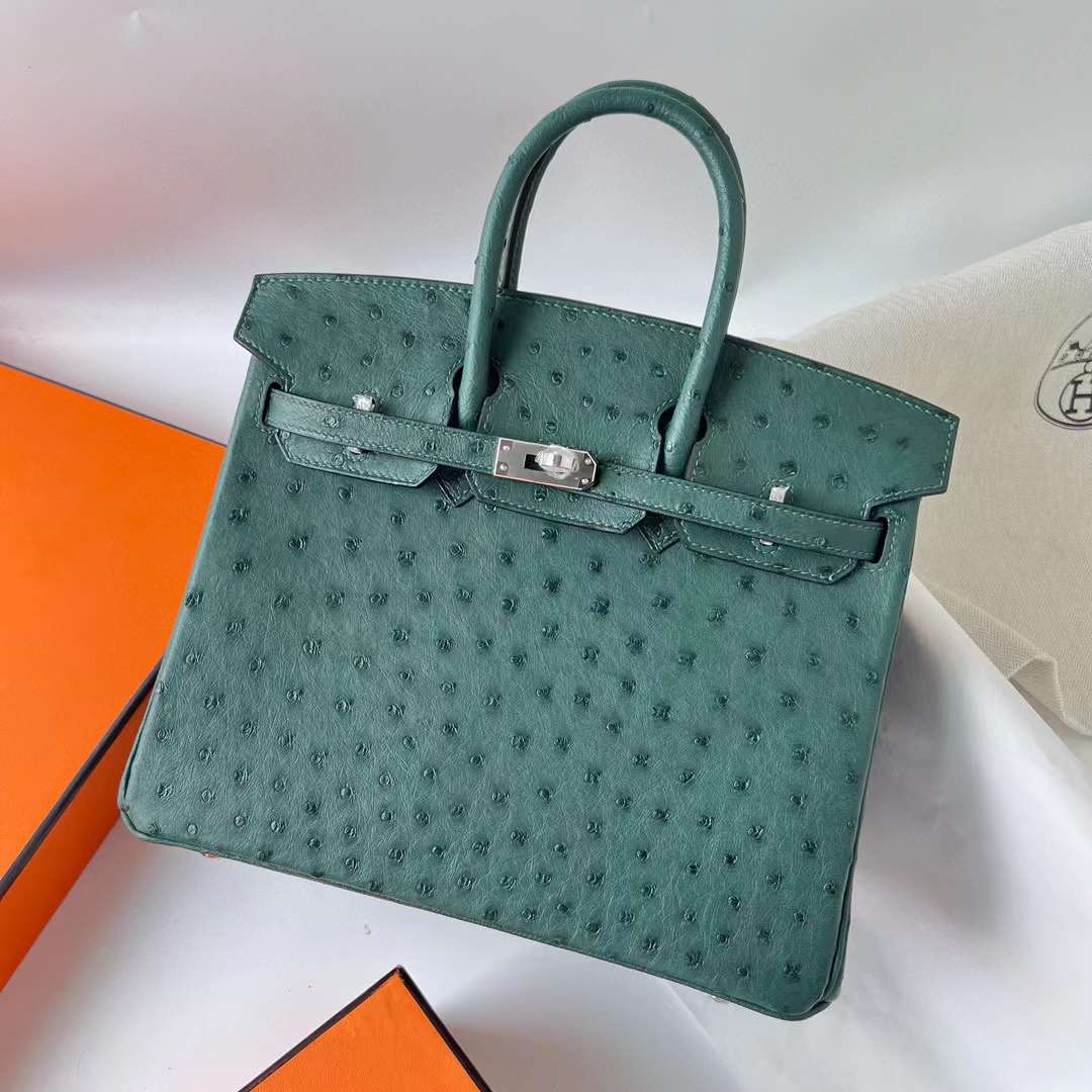 Hermès（爱马仕）Birkin 铂金包 Ostrich 进口鸵鸟皮 z6 孔雀绿 银扣 25cm 全手工蜡线缝 Phw
