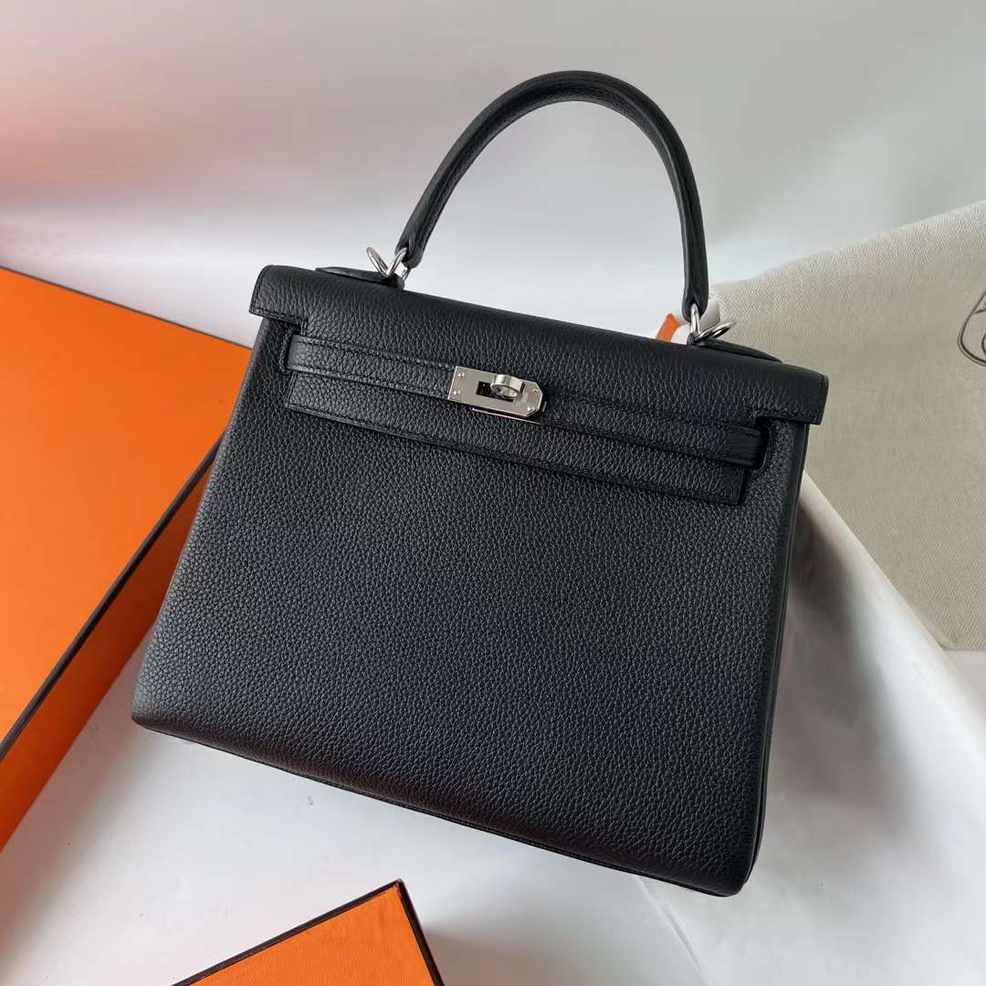Hermès（爱马仕）Kelly 凯莉包 Togo皮 Ck89 黑色 银扣 25cm 全手工蜡线缝 Phw