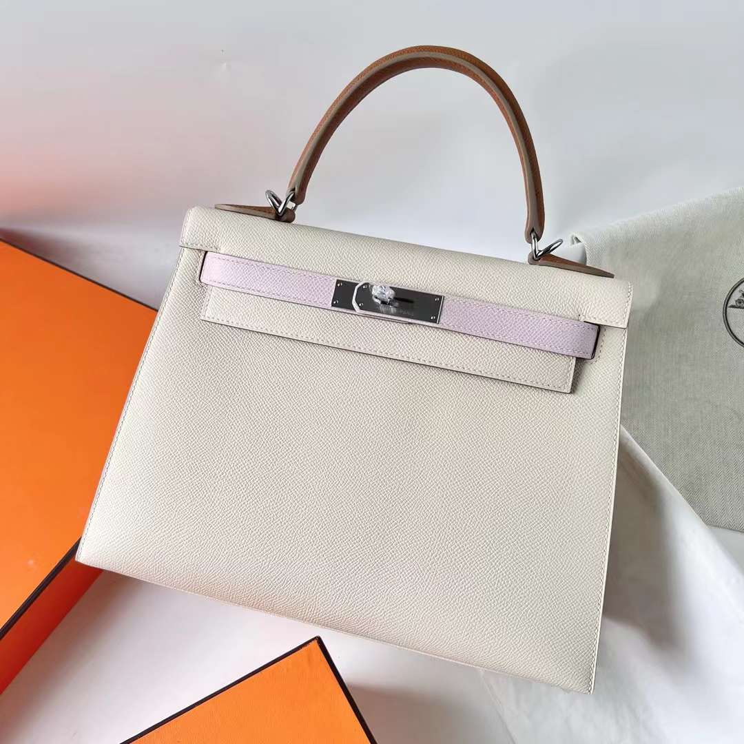 Hermès（爱马仕）Kelly 凯莉包 Epsom Ck10 奶昔白 拼 09 梦幻粉紫 拼 Ck37 金棕色 银扣 28cm 全手工蜡线缝 Phw