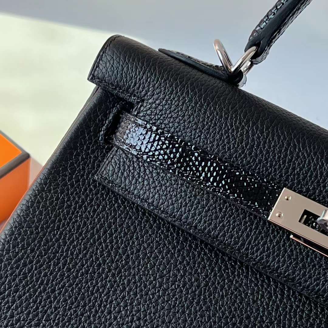 Hermès（爱马仕）Kelly 凯莉包 Touch Togo皮 拼 亮面蜥蜴皮 Ck89 黑色 银扣 25cm 全手工蜡线缝 Phw