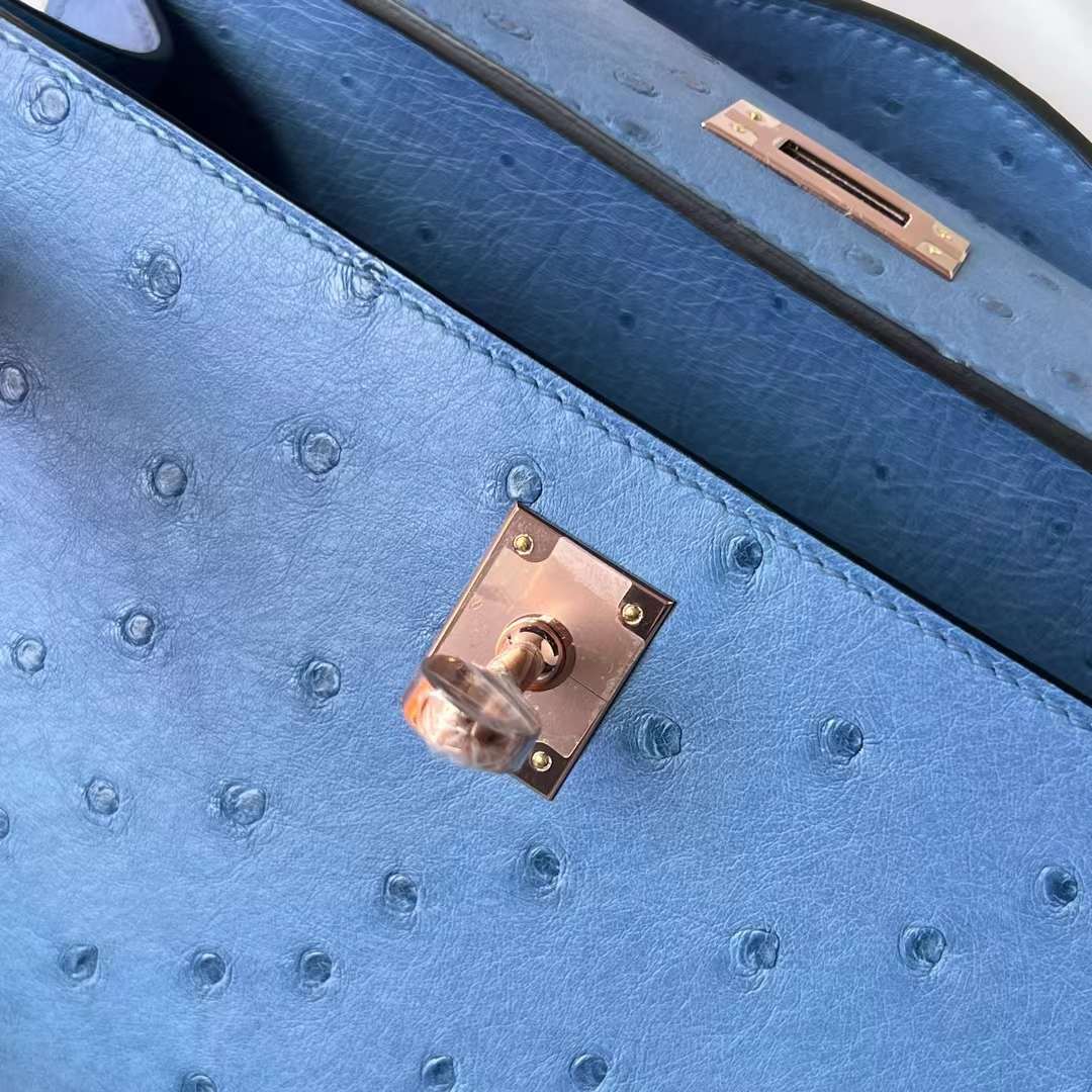 Hermès（爱马仕）Mini Kelly Pochette Ostrich 进口鸵鸟皮 2T 天堂蓝 玫瑰金扣 22cm 全手工蜡线缝 RGhw