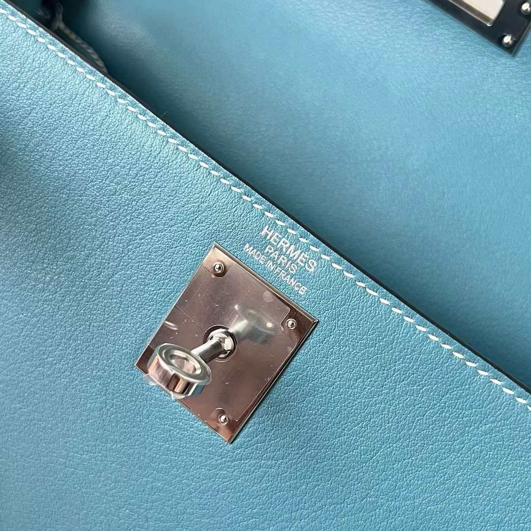 Hermès（爱马仕）Kelly 凯莉包 Swift皮 Ck75 牛仔蓝 银扣 28cm 全手工蜡线缝 Phw