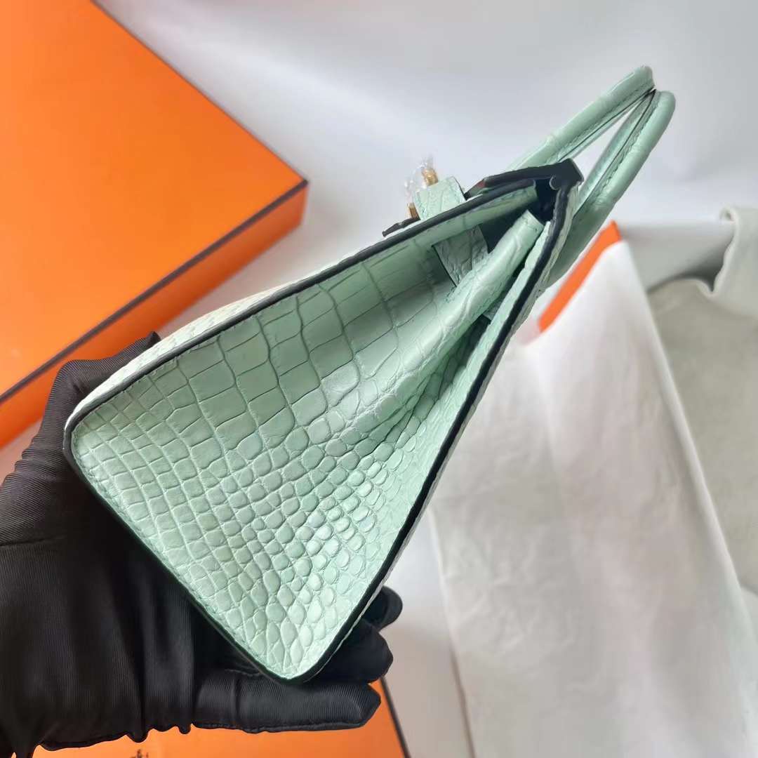 Hermès（爱马仕）Birkin 铂金包 Sellier 外缝 雾面美洲鳄鱼皮 6U 新薄荷绿 金扣 20cm 全手工蜡线缝 Ghw