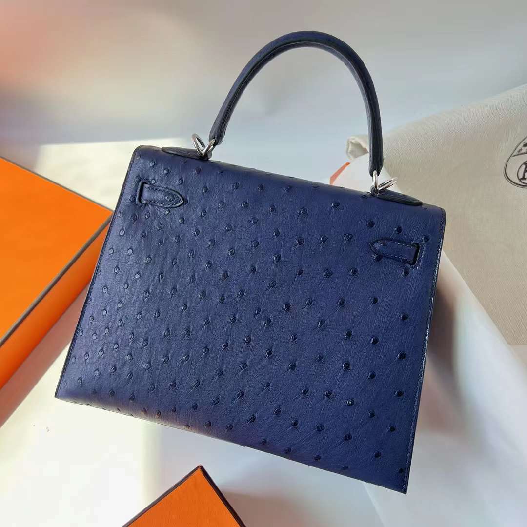 Hermès（爱马仕）Kelly 凯莉包 Ostrich 原kk进口鸵鸟皮 77 鸢尾蓝 银扣 25cm 全手工蜡线缝 Phw