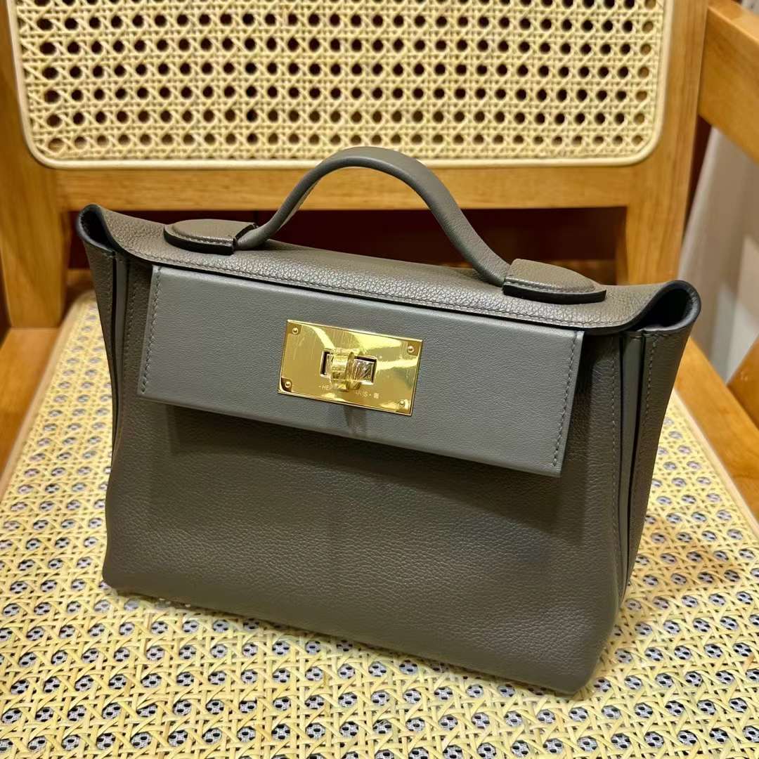 Hermès（爱马仕）Mini kelly 2424 Evercolor & Swift 8F 锡器灰 金扣 21cm 全手工蜡线缝 Ghw
