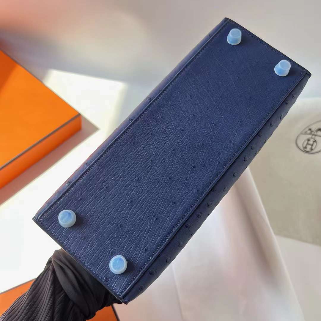 Hermès（爱马仕）Kelly 凯莉包 Ostrich 原kk进口鸵鸟皮 77 鸢尾蓝 银扣 25cm 全手工蜡线缝 Phw