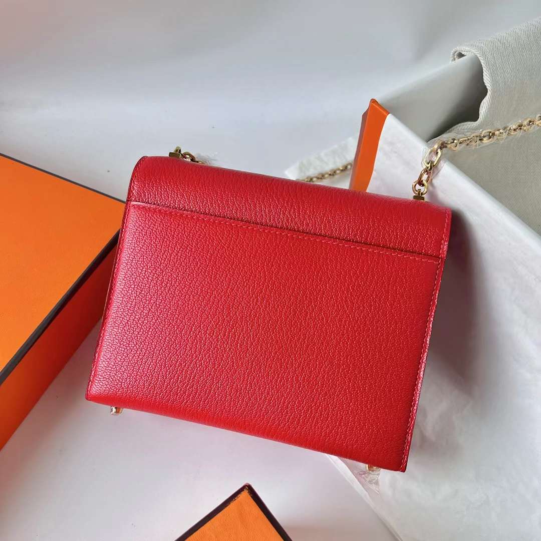 Hermès（爱马仕）Verrou 机枪包 Chevre 进口山羊皮 S3 心红色 金扣 17.5cm 全手工蜡线缝制 Ghw