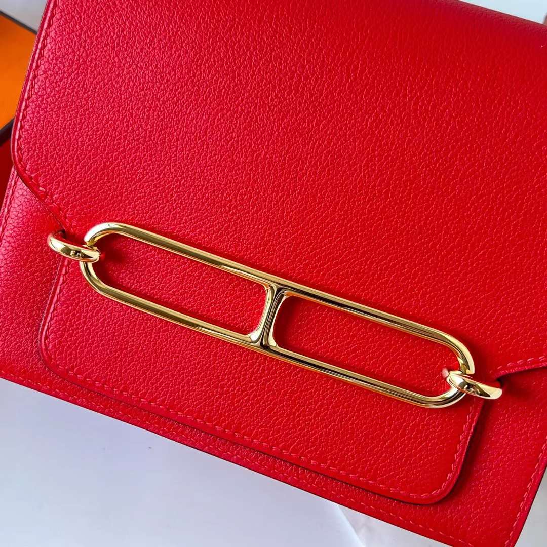 Hermès（爱马仕）Roulis 猪鼻子 Evercolor S3 心红色 浅金扣 18cm 全手工蜡线缝