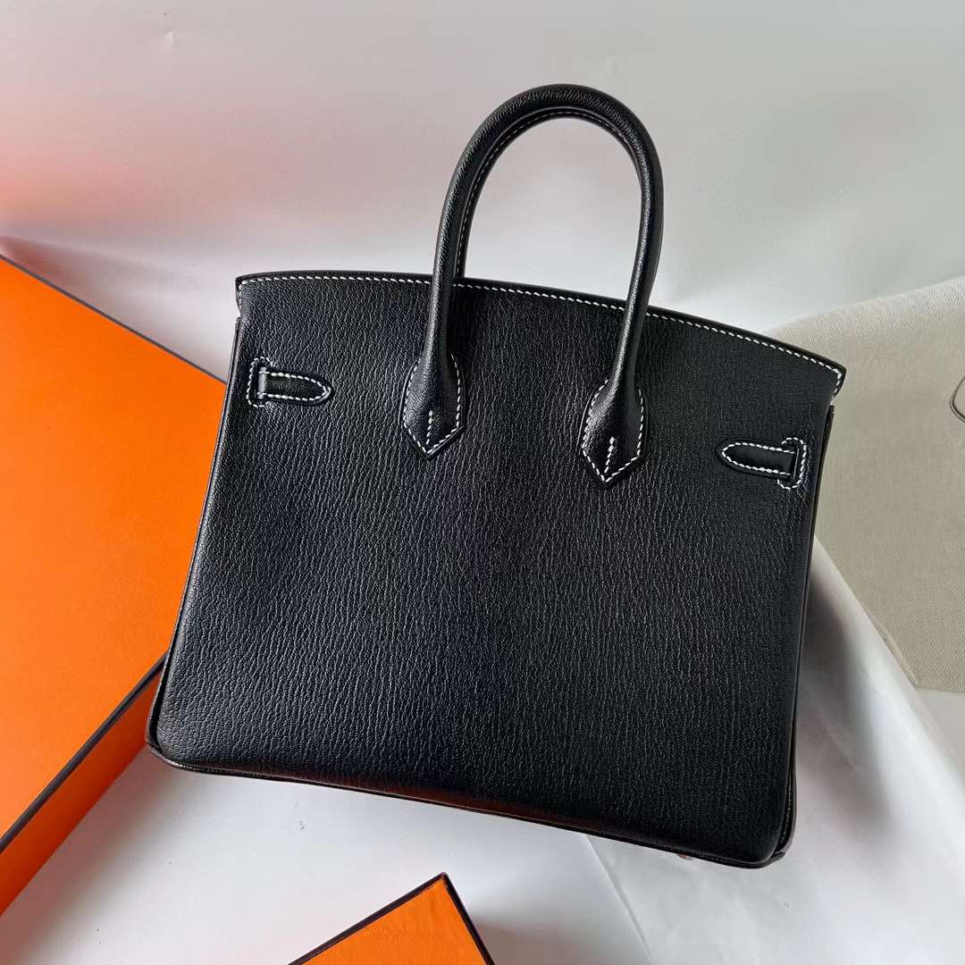 Hermès（爱马仕）Birkin 铂金包 Chevre 进口山羊皮 Ck89 黑色 内拼 Ck80 珍珠灰 拉丝银扣 25cm 全手工蜡线缝 BPhw