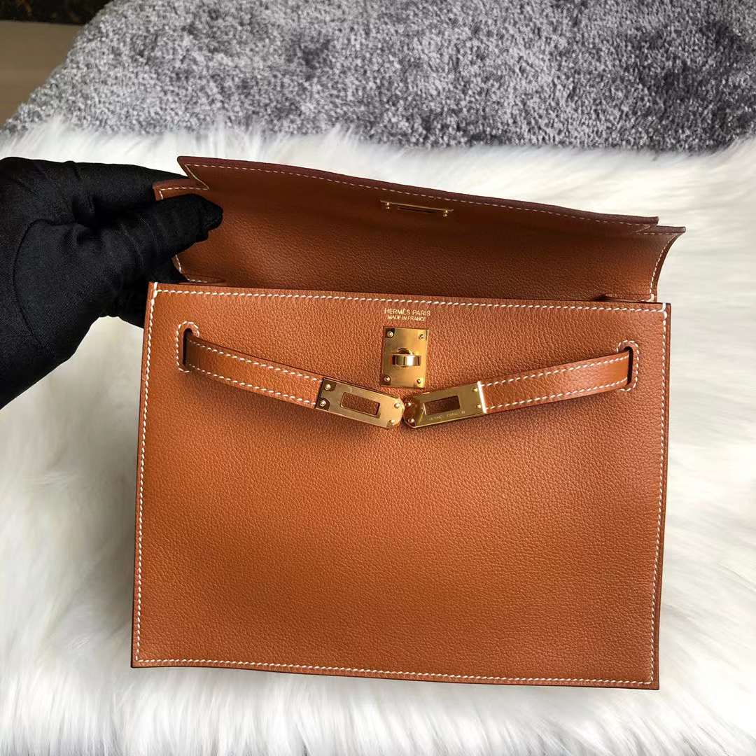 Hermès（爱马仕） Kelly danse 跳舞包 Evercolor Ck37 金棕色 金扣 22cm 全手工蜡线缝 Ghw