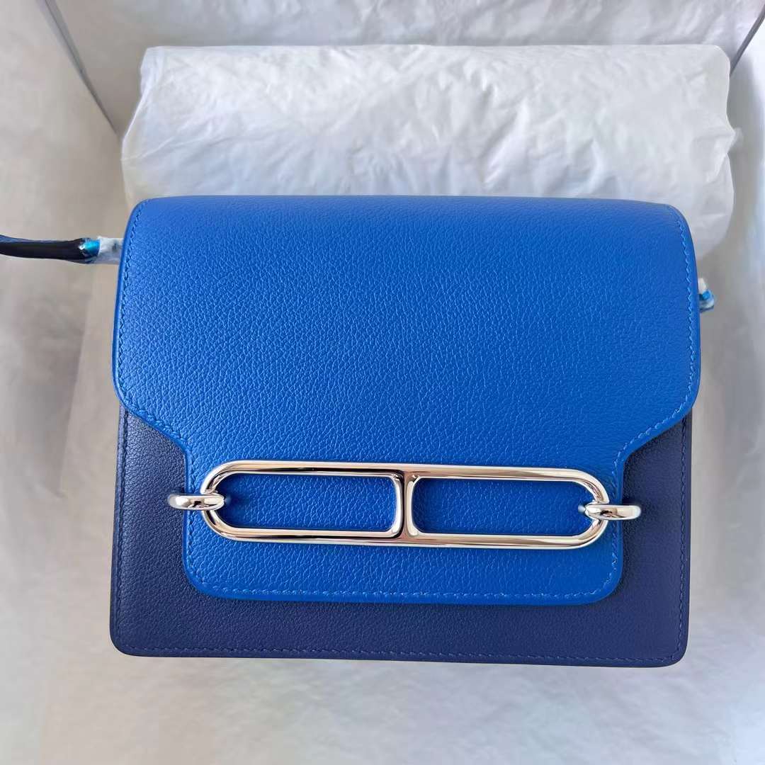 Hermès（爱马仕）Roulis 猪鼻子 Evercolor Ck71 法国蓝 拼 Ck73 宝石蓝 银扣 18cm 全手工蜡线缝 Phw