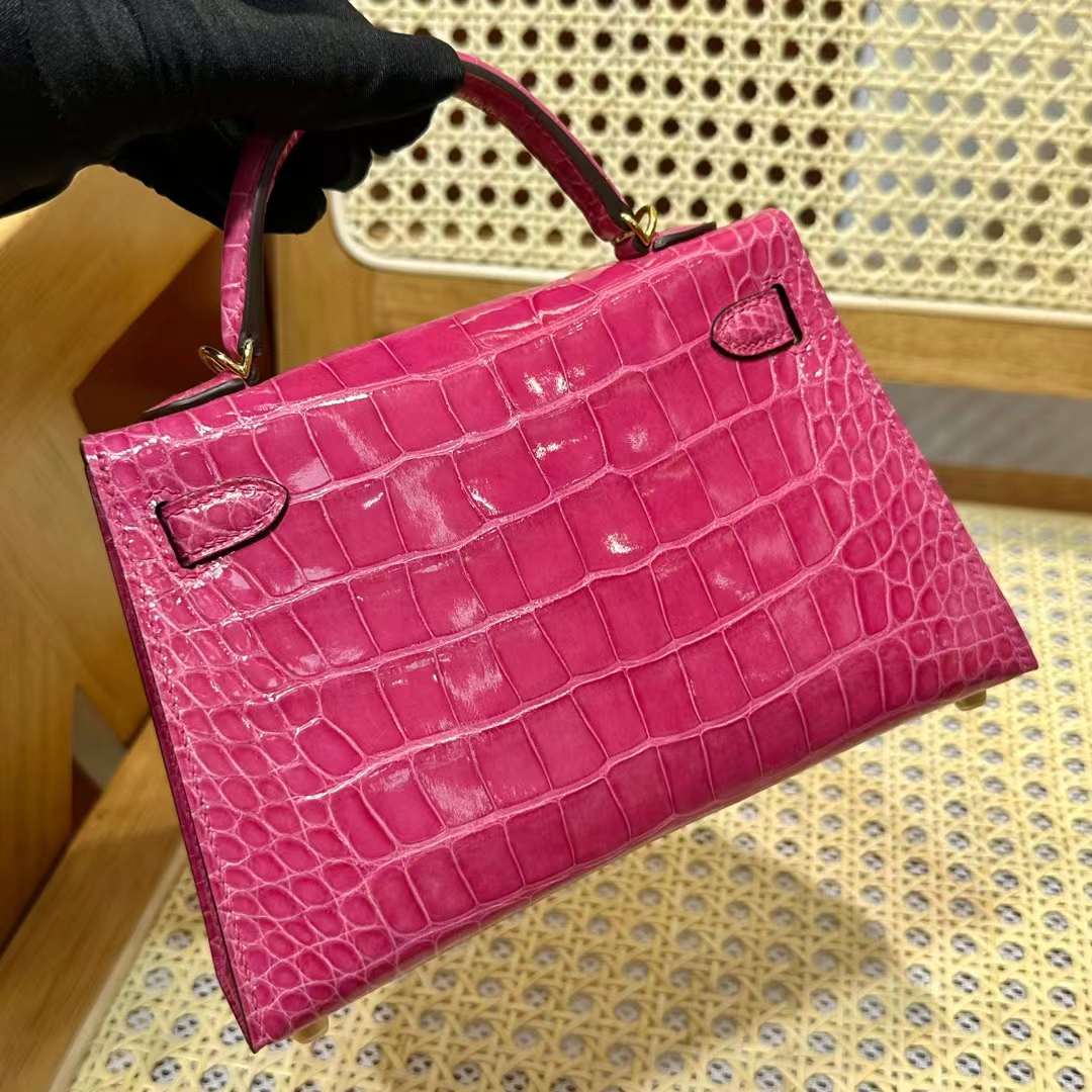 Hermès（爱马仕）Mini Kelly 迷你凯莉 亮面美洲鳄鱼皮 Shiny Alligator Crocodile 5J 桃粉色 金扣 19cm 全手工蜡线缝 Ghw