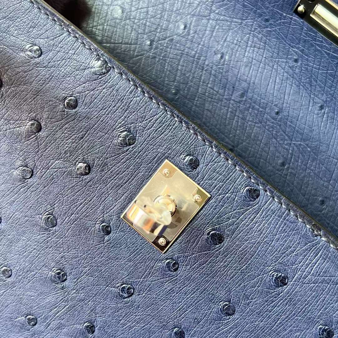 Hermès（爱马仕）Kelly 凯莉包 Ostrich 原kk进口鸵鸟皮 77 鸢尾蓝 银扣 25cm 全手工蜡线缝 Phw