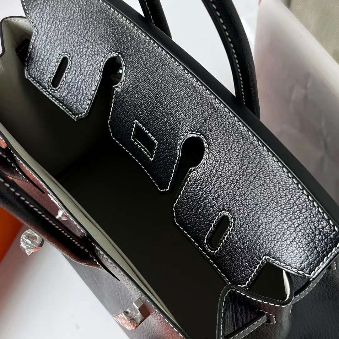 Hermès（爱马仕）Birkin 铂金包 Chevre 进口山羊皮 Ck89 黑色 内拼 Ck80 珍珠灰 拉丝银扣 25cm 全手工蜡线缝 BPhw