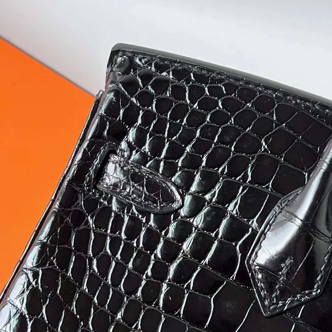 Hermès（爱马仕）Birkin 铂金包 亮面美洲鳄鱼皮 Shiny Alligator Crocodile Ck89 黑色 银扣 25cm 全手工蜡线缝 Phw