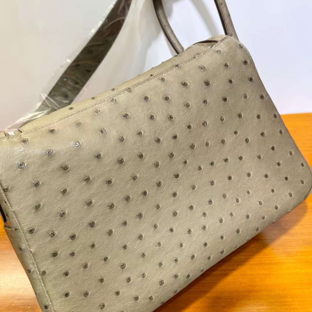 Hermès（爱马仕）Lindy 琳迪包 Ostrich 原kk进口鸵鸟皮 Ck18 大象灰 银扣 26cm 全手工蜡线缝 Phw