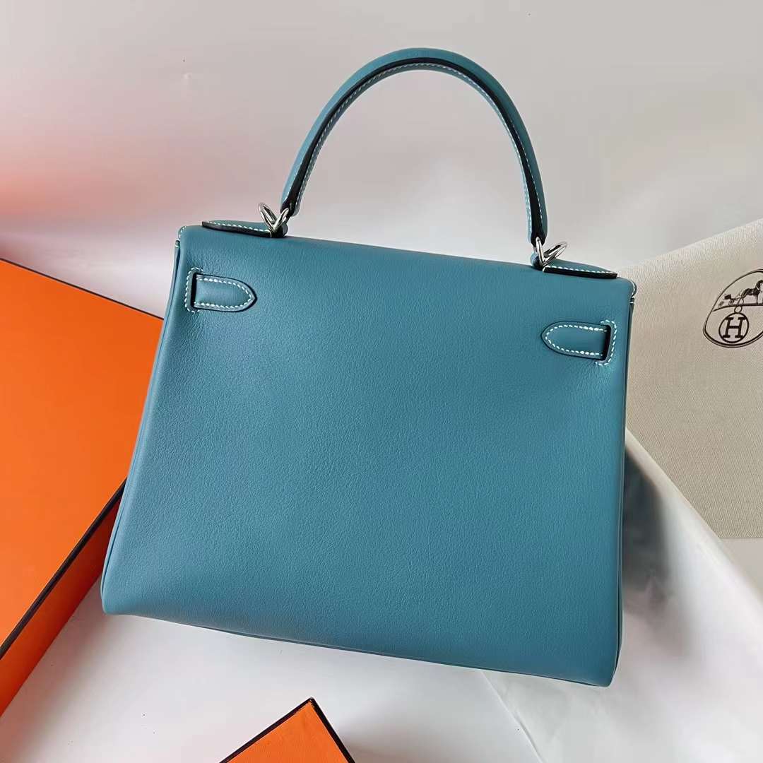 Hermès（爱马仕）Kelly 凯莉包 Swift皮 Ck75 牛仔蓝 银扣 28cm 全手工蜡线缝 Phw
