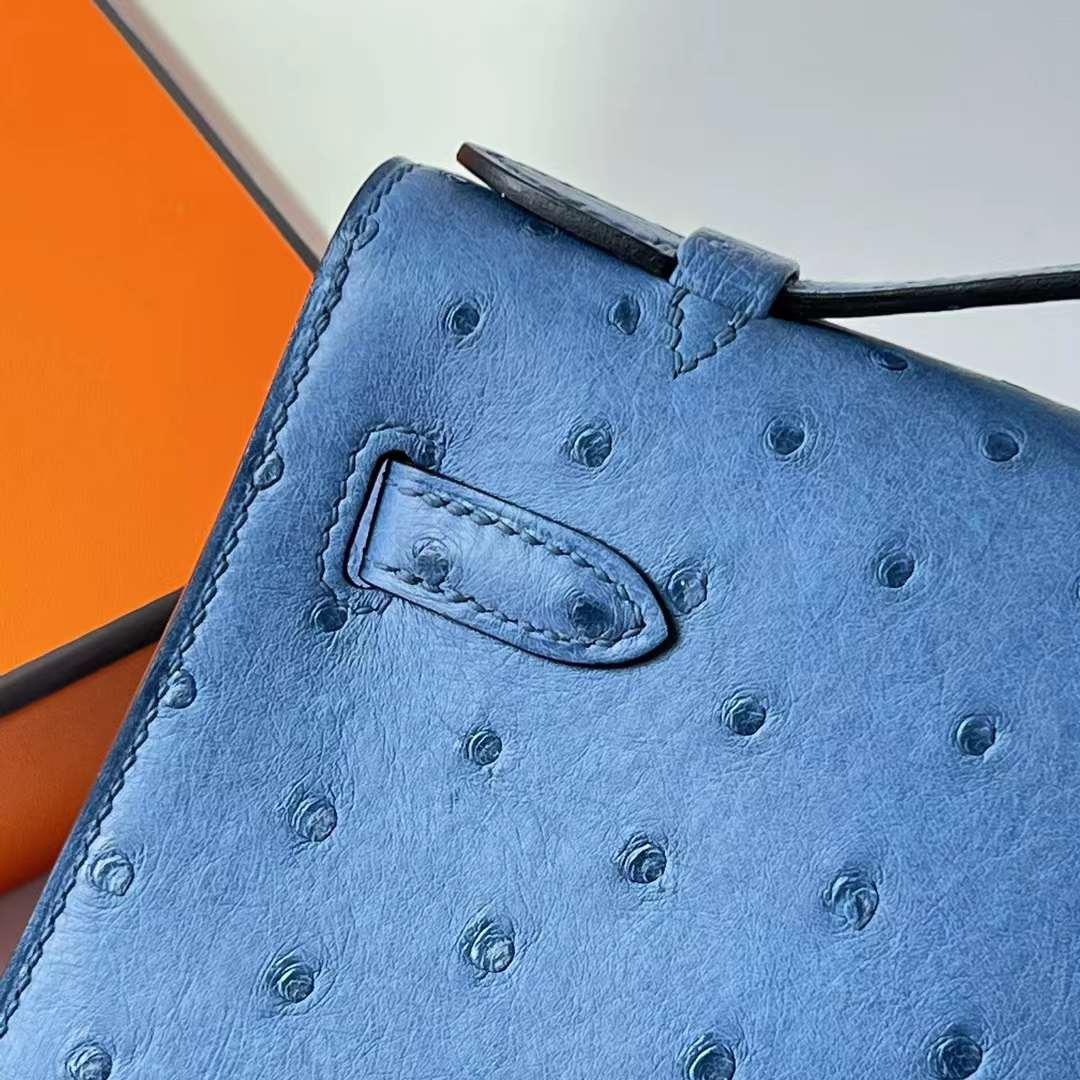 Hermès（爱马仕）Mini Kelly Pochette Ostrich 进口鸵鸟皮 2T 天堂蓝 玫瑰金扣 22cm 全手工蜡线缝 RGhw