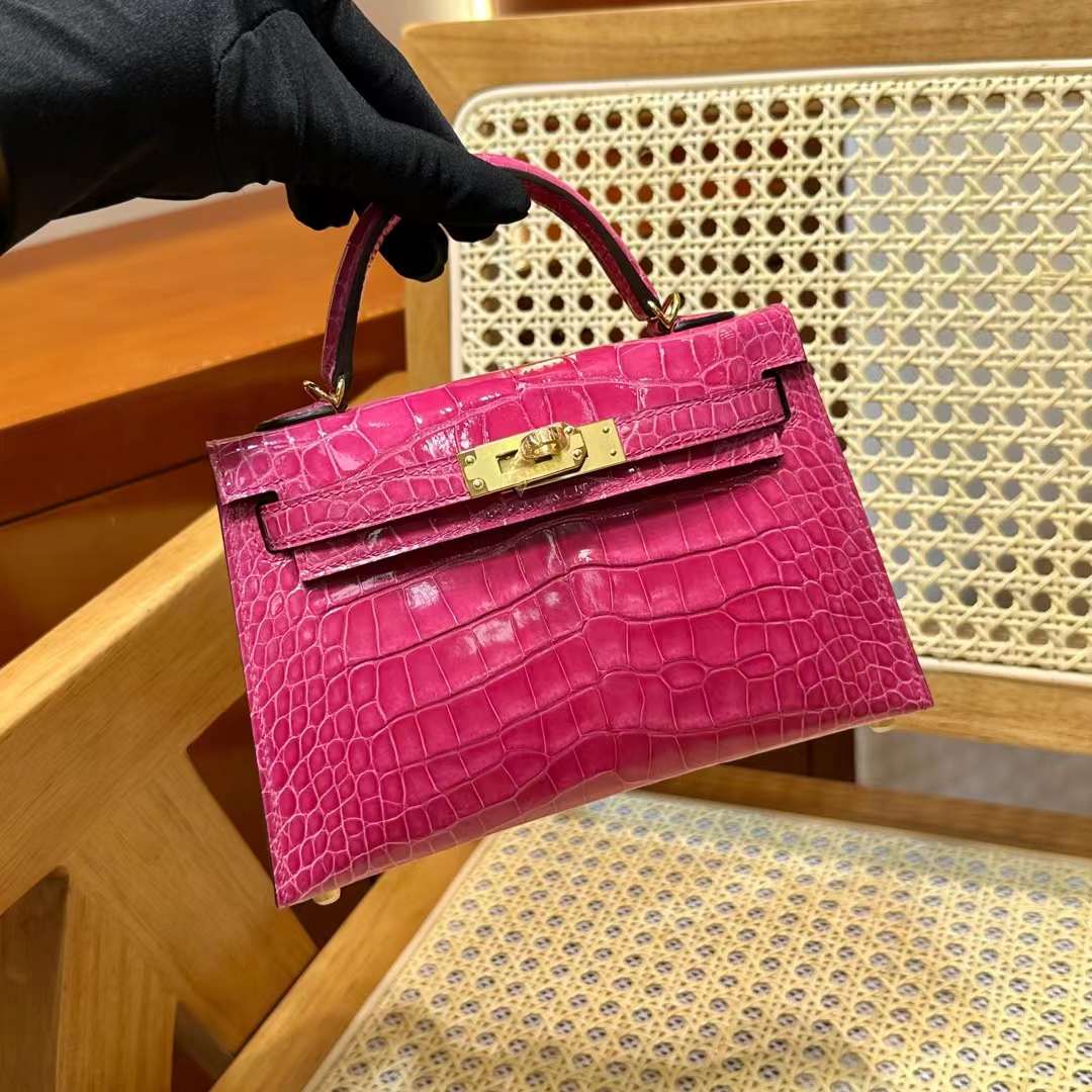 Hermès（爱马仕）Mini Kelly 迷你凯莉 亮面美洲鳄鱼皮 Shiny Alligator Crocodile 5J 桃粉色 金扣 19cm 全手工蜡线缝 Ghw