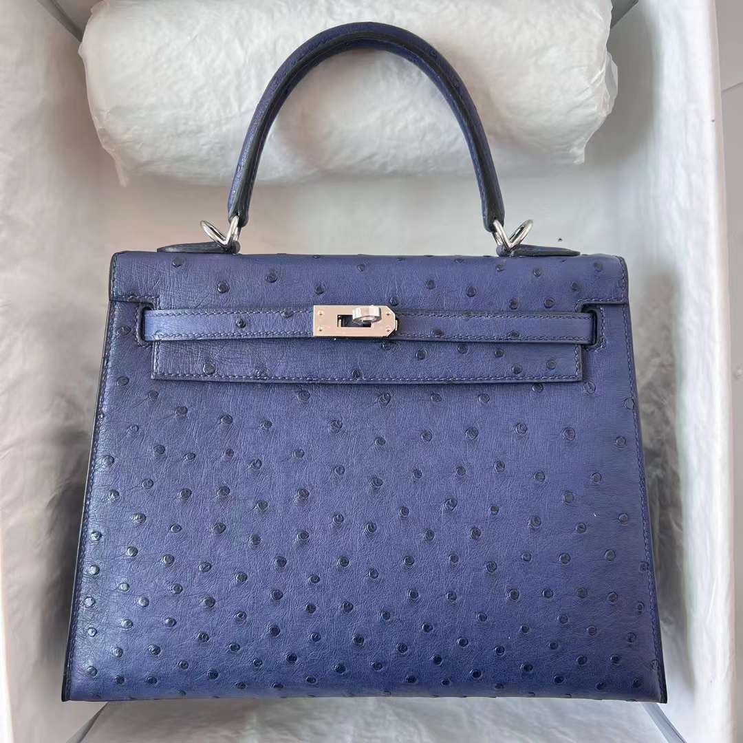 Hermès（爱马仕）Kelly 凯莉包 Ostrich 原kk进口鸵鸟皮 77 鸢尾蓝 银扣 25cm 全手工蜡线缝 Phw