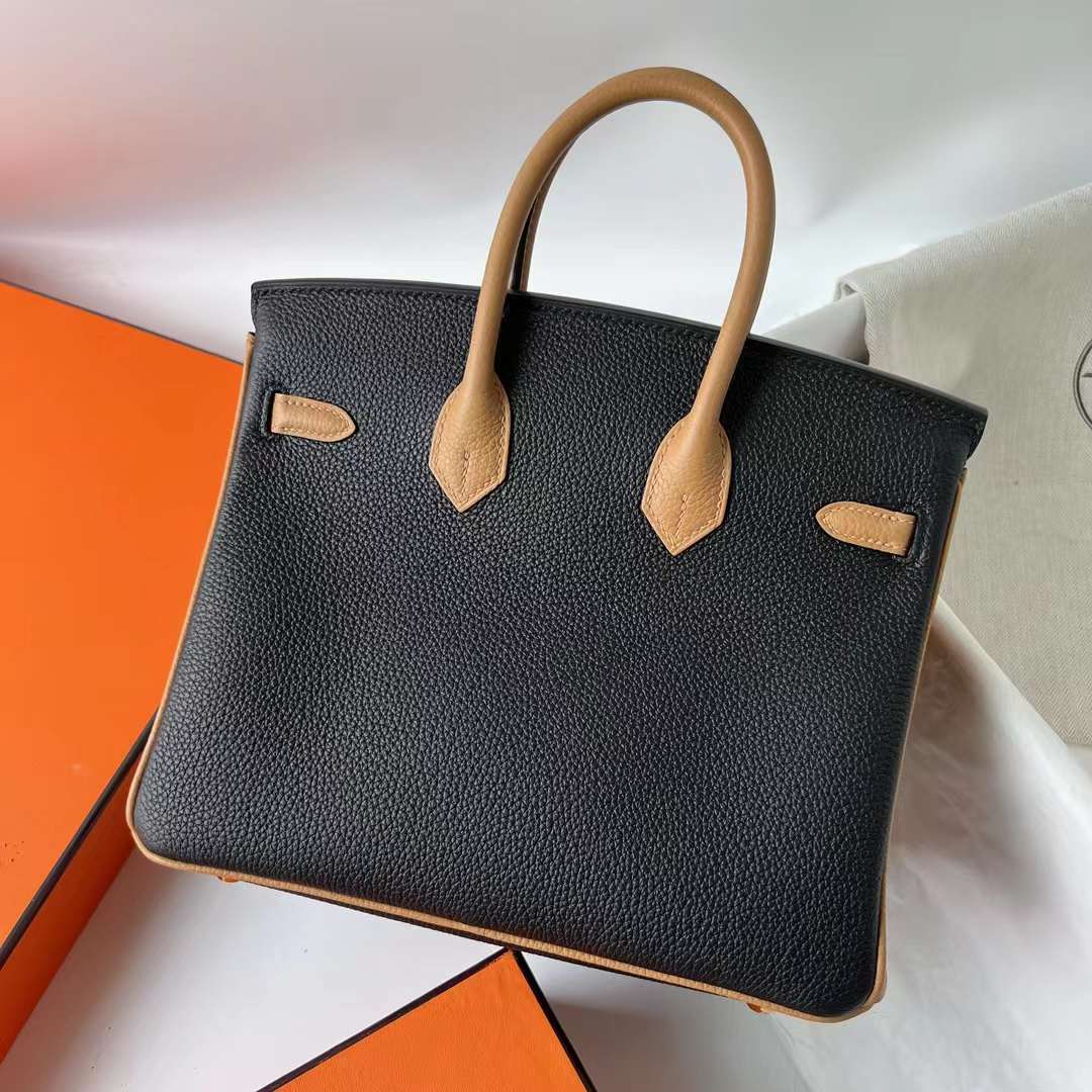 Hermès（爱马仕）Birkin 铂金包 Togo皮 顶级小牛皮 Ck89 黑色 拼 4B 饼干色 金扣 25cm 全手工蜡线缝 Ghw