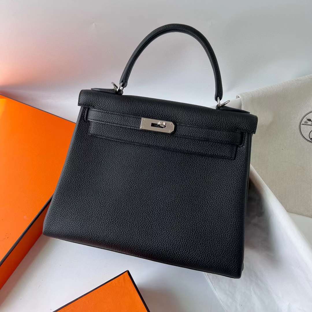 Hermès（爱马仕） Kelly 凯莉包 Togo皮 Ck89 黑色 银扣 28cm 全手工蜡线缝 Phw