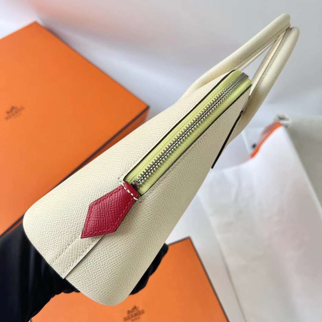Hermès（爱马仕）Bolide 保龄球包 Epsom I2 奶油白 拼 9R 柠檬黄 拼 枫叶红 银扣 25cm 全手工蜡线缝 Phw