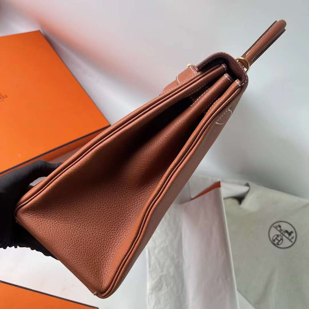 Hermès（爱马仕）Kelly 凯莉包 Clemence 原TC大牛皮 Ck37 金棕色 金扣 40cm 全手工蜡线缝 Ghw