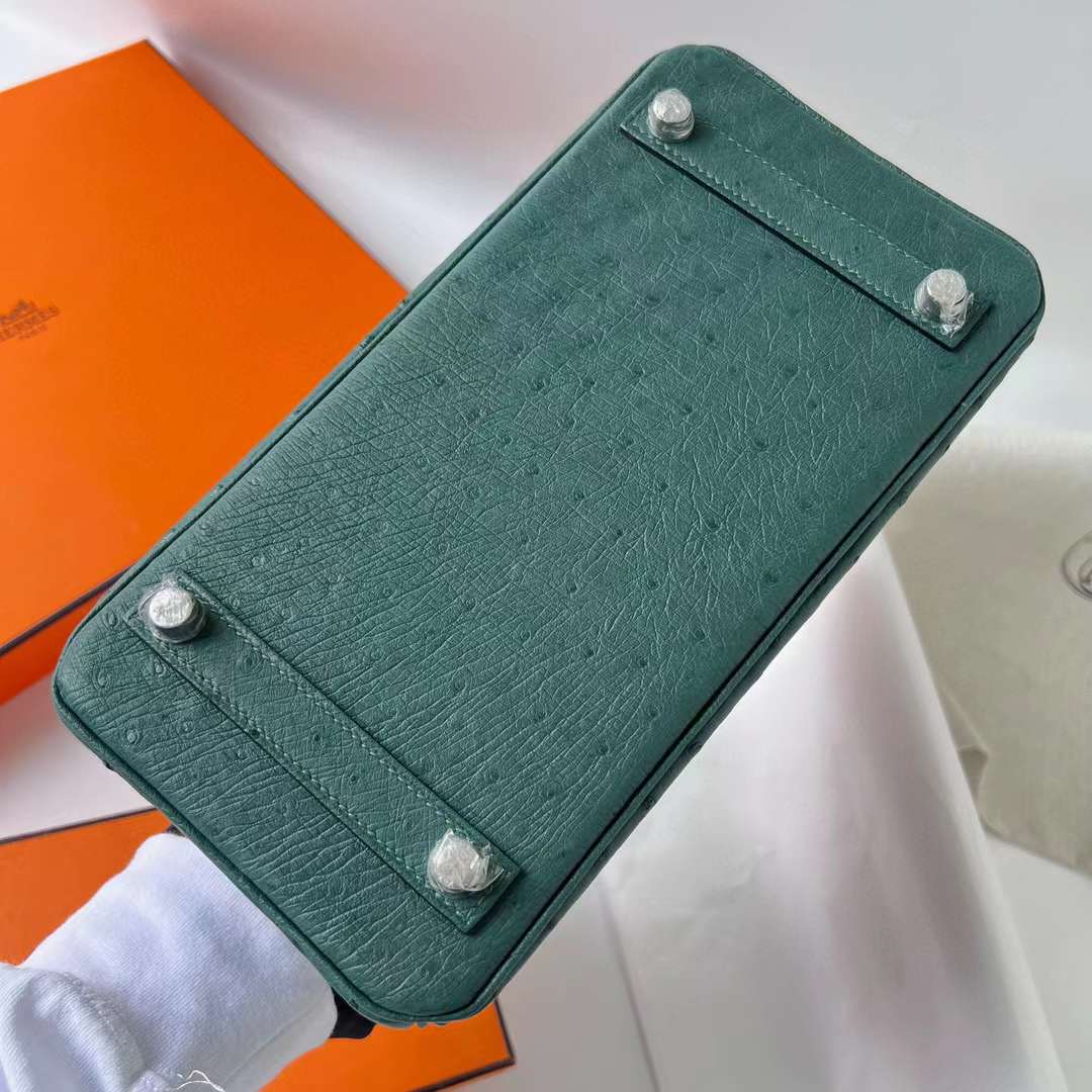 Hermès（爱马仕）Birkin 铂金包 Ostrich 进口鸵鸟皮 z6 孔雀绿 银扣 25cm 全手工蜡线缝 Phw
