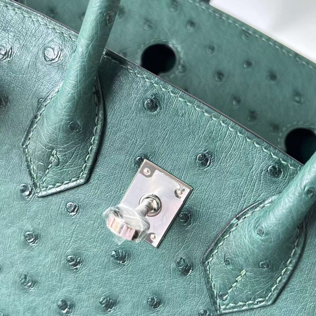Hermès（爱马仕）Birkin 铂金包 Ostrich 进口鸵鸟皮 z6 孔雀绿 银扣 25cm 全手工蜡线缝 Phw