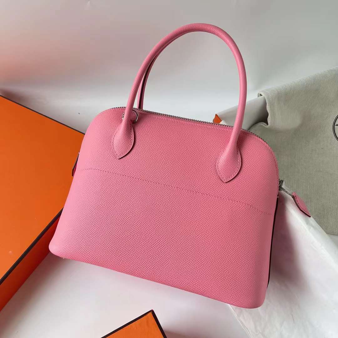 Hermès（爱马仕）Bolide 保龄球包 Epsom 1Q 奶昔粉 银扣 27cm 全手工蜡线缝 Phw