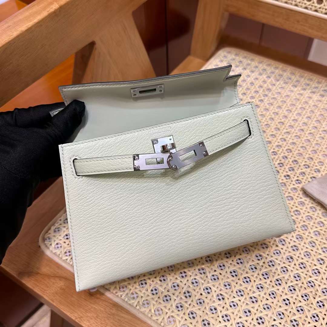 Hermès（爱马仕）mini Kelly 迷你凯莉 Chevre 进口山羊皮 0S 气泡绿 Phw 银扣 19cm 全手工蜡线缝