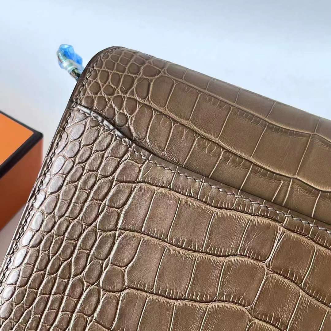 Hermès（爱马仕）Roulis 猪鼻子 雾面美洲鳄鱼皮 Matte Alligator Crocodile Ck18 大象灰 浅金扣 18cm 全手工蜡线缝