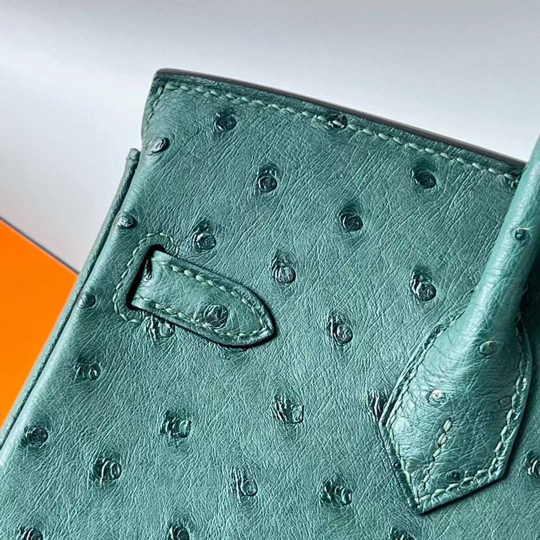 Hermès（爱马仕）Birkin 铂金包 Ostrich 进口鸵鸟皮 z6 孔雀绿 银扣 25cm 全手工蜡线缝 Phw