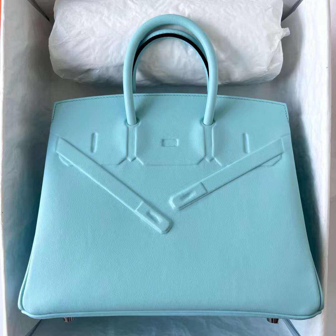 Hermès（爱马仕）Birkin Shadow Swift皮 幻影包 Baby蓝 银扣 25cm 全手工蜡线缝 Phw